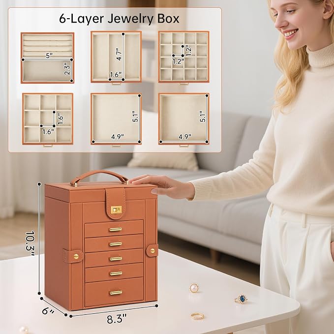 AKOZLIN 6-Tier Jewelry Box Organizer Functional 5 Drawers Leather Jewelry Storage Case for Women Girls Ring Necklace Earring Bracelet Holder Organizer with Mirror Orange Regular
