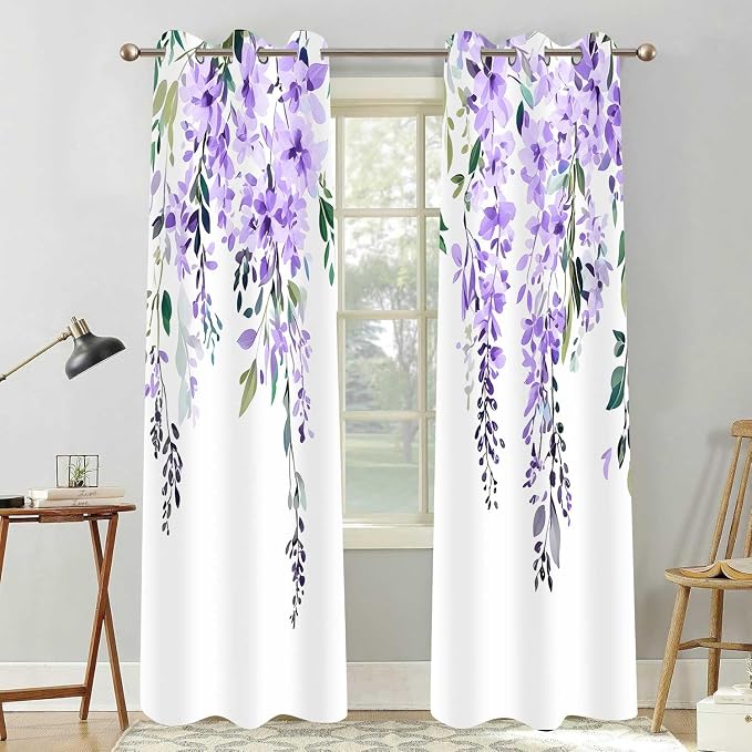 Purple Watercolor Floral Curtains, Botanical Leaves Vine Flowers Curtain, Rustic Farmhouse Flower Leaf Blackout Window Treatment Drapes for Bedroom Living Room 52x90 inch, 2 Panels