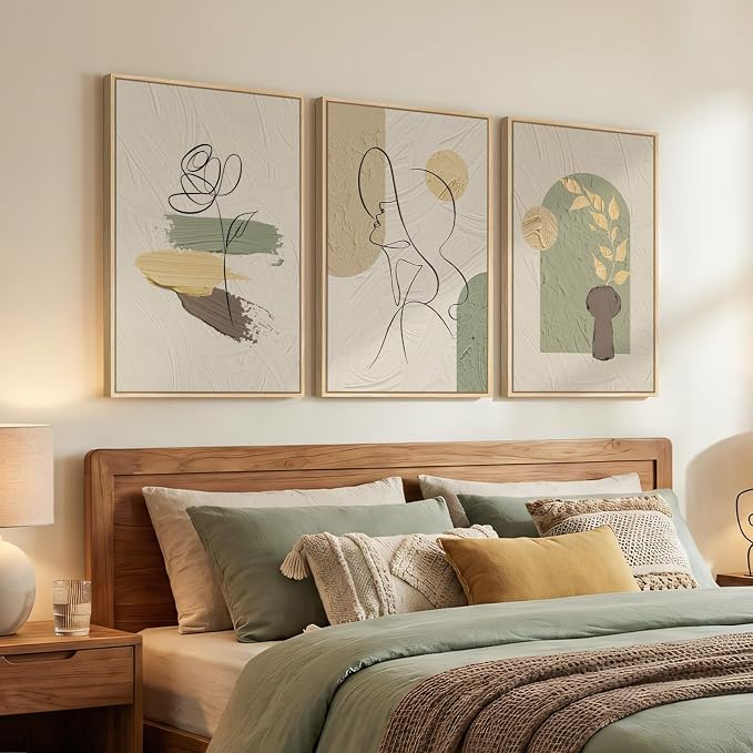 3 Piece Framed Abstract Boho Wall Art Bedroom 16x24 Inch | Large Neutral Canvas Print Painting, Modern Minimalist Line Face Botanical Picture Artwork Decor for Living Room Dining Room