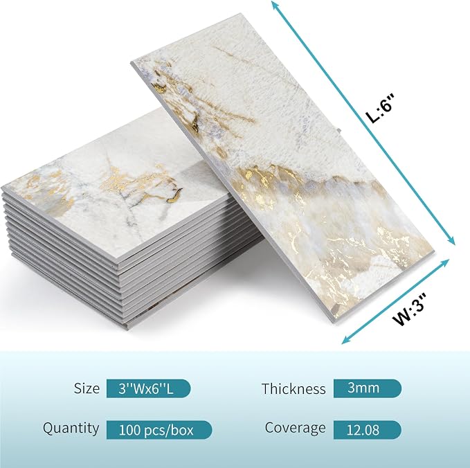 Vamos Tile 4-Piece Peel and Stick Backsplash Seamless Tile,3''x6'' Glossy Pandora Marble with Gold Veining PVC Subway Tile,Stick on Backsplash for Kitchen/Bathroom/Laundry Room