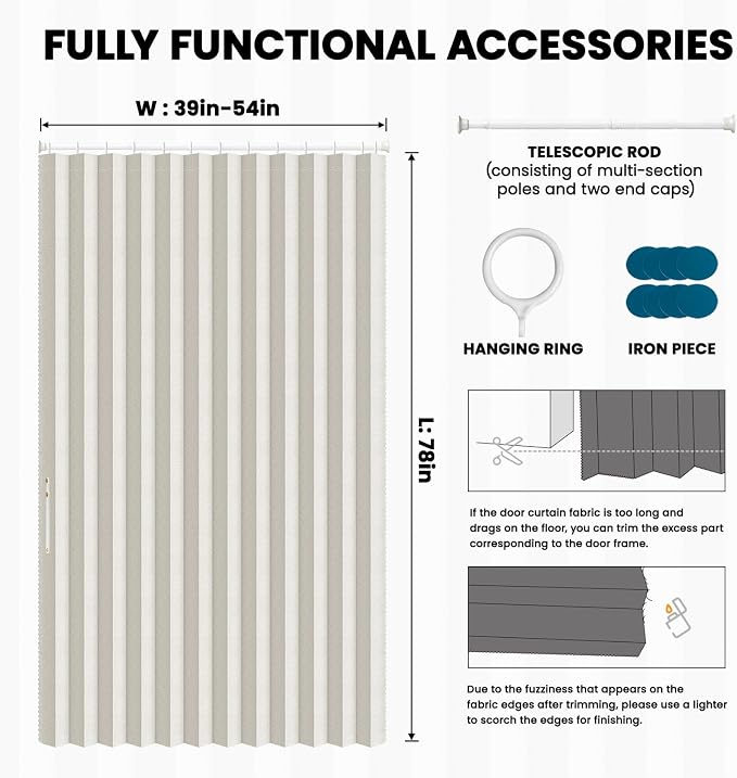 AJAZZ Blackout Accordion Door Sets Included Rod (1 Pack, 54W x 78 L, Beige) Accordion Doors Interior Magnetic Door Curtain for Bedroom Living Room Doorway Curtain