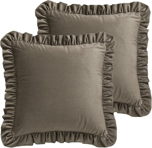 ISAENNE Vintage Brown Square Throw Pillow Covers 22"x22" Set of 2, Solid Color Farmhouse Velvet Decoration Pillow Cover with Ruffles,Throw Pillow Case for Couch Sofa Bed Living Room Car
