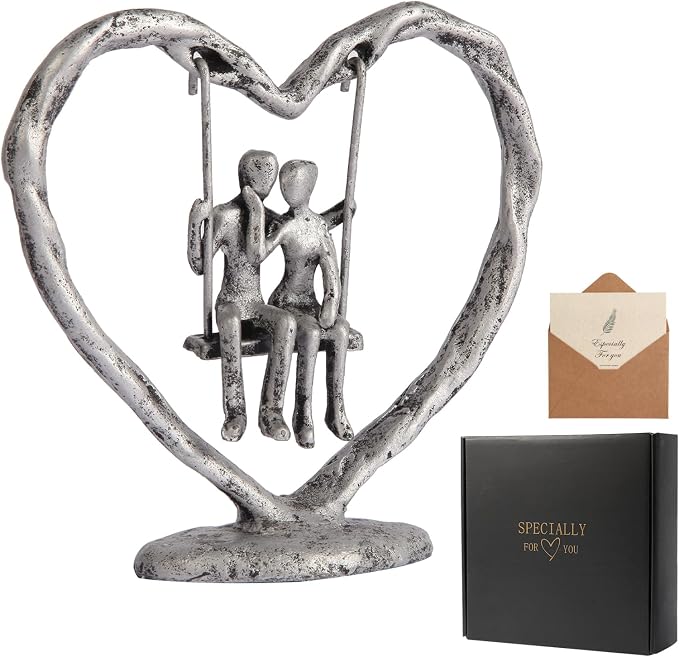 25th/Silver Anniversary Wedding Gifts for Wife/Her/Him,Valentine's Day/Birthday/Wedding Gifts for Couples,Heart Sculpture/Figurine,Handcrafted Antique Silver Metal Couple Statue Decor