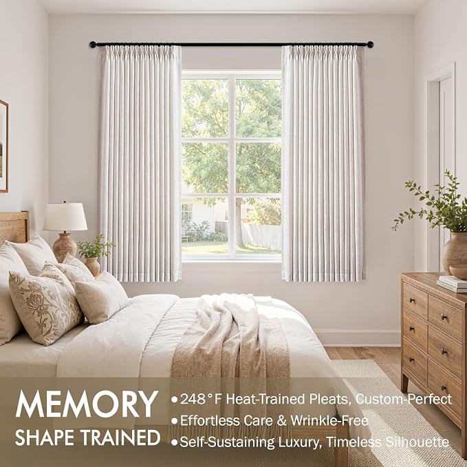 MIULEE Pinch Pleated Thick Linen Curtains 54 Inches Long 2 Panels for Kitchen Bedroom Basement, Linen Textured Memory Trained Drapes Pleat Back Tab Light Filtering Natural Small Short Window Curtains