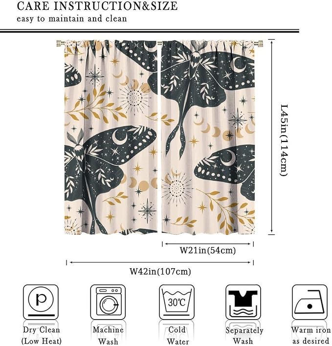 Witchy Curtains, Goth Curtains, Moth Decor, Star Curtains, Moth Curtains Darkening Curtains Botanical Curtains for Bedroom Living Room W42xL45 Inch Décor