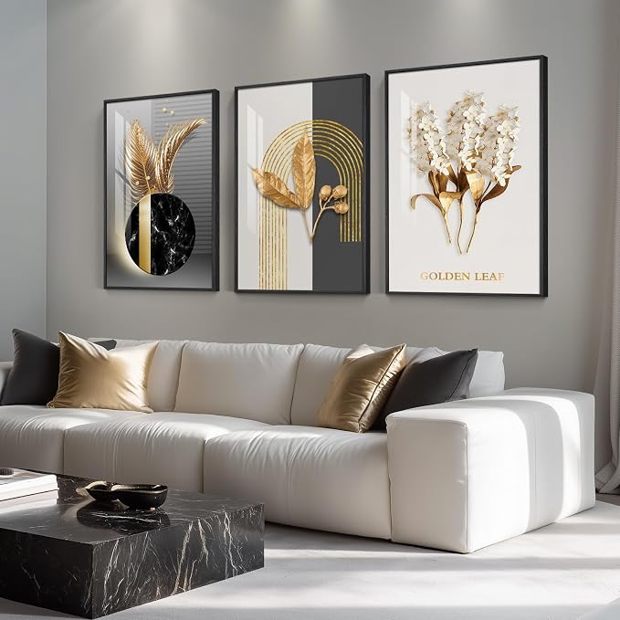 Large Framed Modern Luxury Wall Art for Living Room, 3 Piece Black White Gold Contemporary Art Prints Paintings Artwork for Walls, Big Size Wall Pictures for Hallway, Office Wall Decor 24x36 Inch