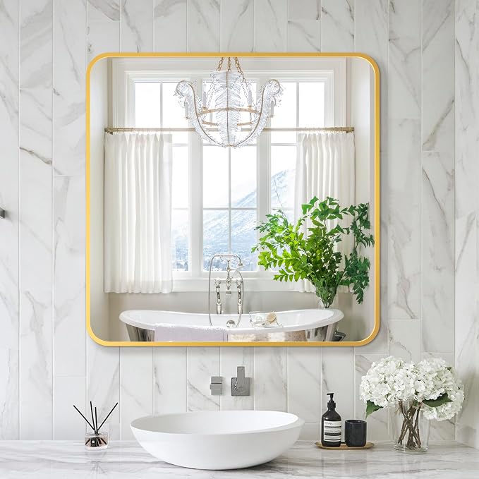 Delma Bathroom Vanity Mirror, Black Framed Bathroom Mirror for Over Sink, High-Definition Bathroom Mirror, Versatile Bathroom Vanity Mirror, Hangs Horizontally or Vertically(30x30, Gold)