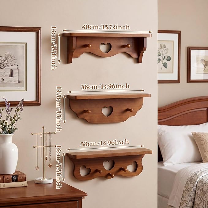 Pinkunn Set of 3 Rustic Wooden Wall Shelves with Heart Cutout and Peg Hooks, Natural Walnut Mounted Storage Display Rack for Entryway Bathroom Bedroom Kitchen Cottage Home Decor