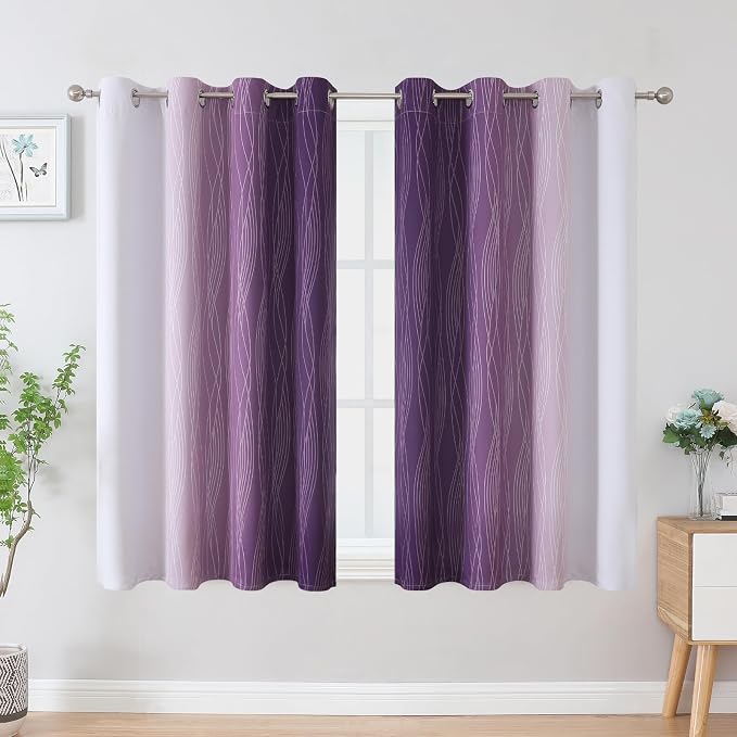 Estelar Textiler Purple and Greyish White Blackout Curtains 45 Inch Length, Light Blocking Gradient Drapes for Bedroom, Thermal Insulated Grommet Ombre Curtains for Bathroom,52Wx45L,2 Panels