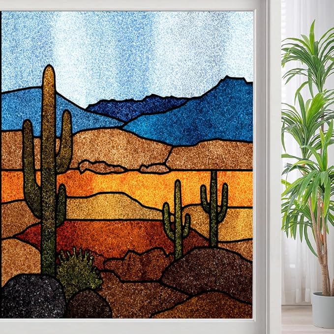 Abstract Desert Frosted Window Film, Colorful Cactus Texture Landscape Stained Glass Privacy Film, Heat Insulation Self-Adhesive Vinyl for Bathroom Office, 19.7Wx39.4L inch