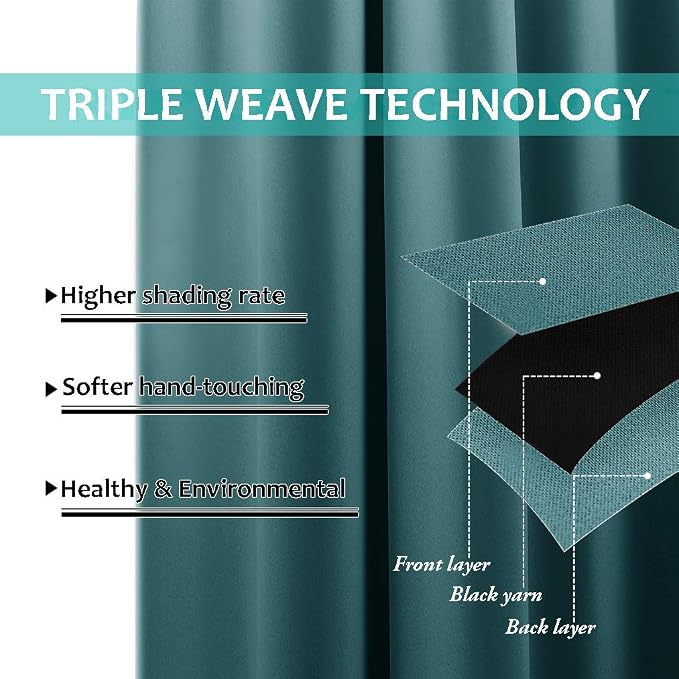 NICETOWN 100% Blackout Short Curtains with Black Liners, 2 Panels, 37" W by 40" L, Sea Teal, Solid Thermal Insulated Full Blackout 2-Layer Lined Drapes, Energy Efficiency Window Draperies for Bedroom