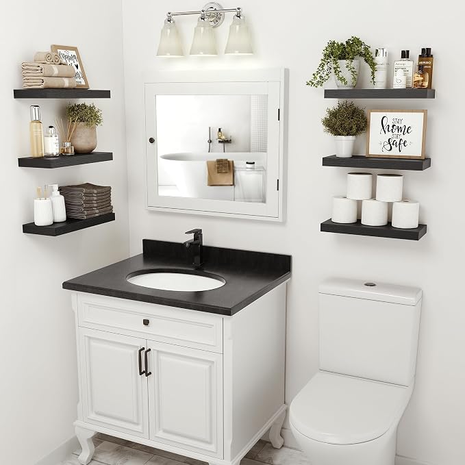Vivelove Black Bathroom Shelves Over Toilet, 16" Floating Shelves, Wall Shelf for Bathroom Bedroom, Living Room, Kitchen, Office Home Decor, Narrow Shelves with Invisible Brackets Set of 2