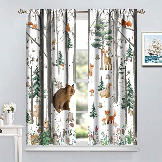 YCness Kid Forest Woodland Animal Fox Elk Bear Watercolor Print Curtains for Nursery Bedroom Living Room, Rustic Wild Animal Window Drapes 2 Panel Set, 55x63 Inch