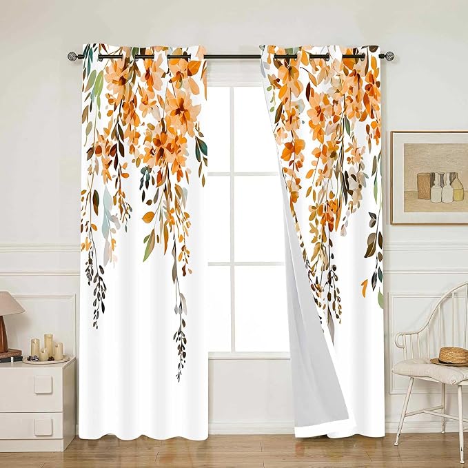 Orange Watercolor Floral Curtains, Botanical Leaves Vine Flowers Curtain, Rustic Farmhouse Flower Leaf Blackout Window Treatment Drapes for Bedroom Living Room 52x90 inch, 2 Panels