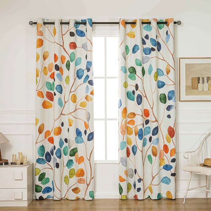 Boho Watercolor Leaf Floral Blackout Curtains, Colorful Bohemian Print Window Drapes, Grommet 2 Panels Set for Bedroom Living Room Home Decor, 52x84 Inch