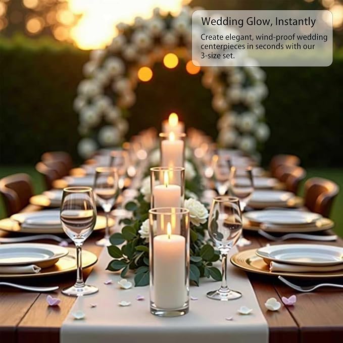 12-Pc White Pillar Candles & Clear Hurricane Glass Candle Holders, 3 Sizes | 12 dripless candles + 12 clear borosilicate glass cylinder vases. Wedding, home, party decor. Unscented, long burn