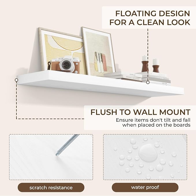 RICHFOCUS 48Inch Floating Shelves for Wall 2 Pack Shelves for Bedroom|Kitchen|Bathroom Wall Mounted Rustic Wood Floating Shelf with Invisible Brackets for Books|Storage|Decor, White