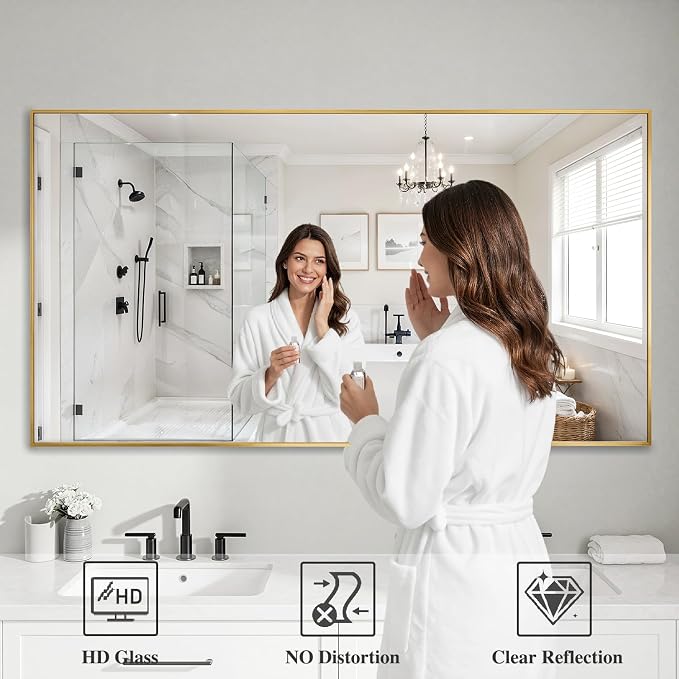 Koonmi Gold Mirrors for Wall, 30x60 Inch Bathroom Mirror, Rectangular Wall Mirror for Living Room Bedroom Bathroom, Hangs Horizontally or Vertically