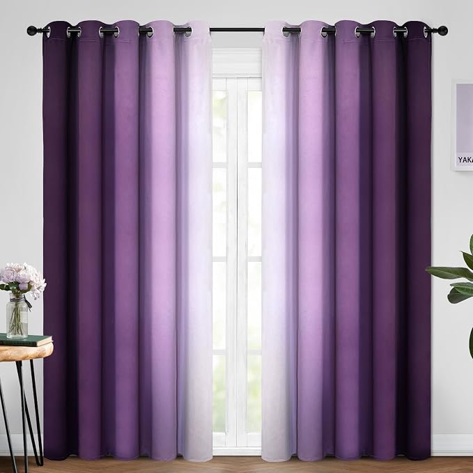Yakamok Ombre Curtains Purple and Greyish White for Living Room,62Wx84L | Room Darkening Curtains 84,Thermal Insulated Gradient Color Drape,Light Blocking Grommet Window Curtains for Bedroom,2 Panels