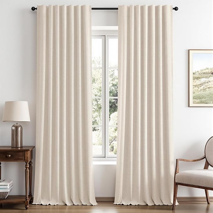 MIULEE 100% Blackout Linen Curtains for Bedroom, Cream Beige Solid Luxury Decor Thermal Insulation Room Darkening Drapes for Living Room Back Tab Rod Pocket 42 x 96 Inches, 2 Panels