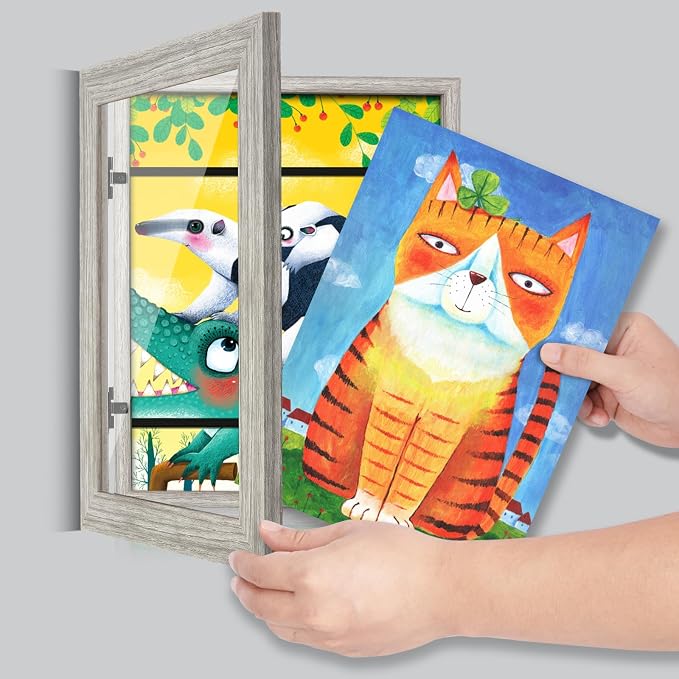 [2-Pack] Kids Art Frames, 8.5x11 Front Opening Kids Artwork Frames Changeable, Grey Wood Grain Artwork Display Storage Frame for Wall, Holds 50 Pcs, for 3D Picture, Crafts, Children Drawing, Hanging