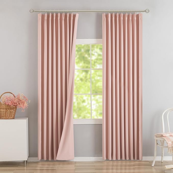 DONREN Baby Pink Pinch Pleated Blackout Curtains with Hooks - 100 inch Length Room Darkening Thermal Insulated Window Curtain Panels for Living Room Bedroom 2 Panel 40" Wx100 L