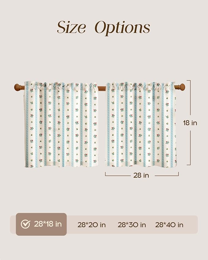 Miss Adola Farmhouse Kitchen Tier Curtains - 18 Inch Length Linen Blend Boho Cafe Curtains Blue Floral Small Window Treatments Over Sink Rod Pocket for Bathroom Living Room Light Filtering, 2 Panels