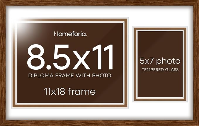 Homeforia 11x18 Brown Diploma Frame with Photo, High End Oak 11 x 18 Certificate Wood Frame with Mat 8.5 x 11 Diploma and 5x7 Picture, Walnut Wooden Document Frames, Tempered Glass, Wall Kit, Set of 1