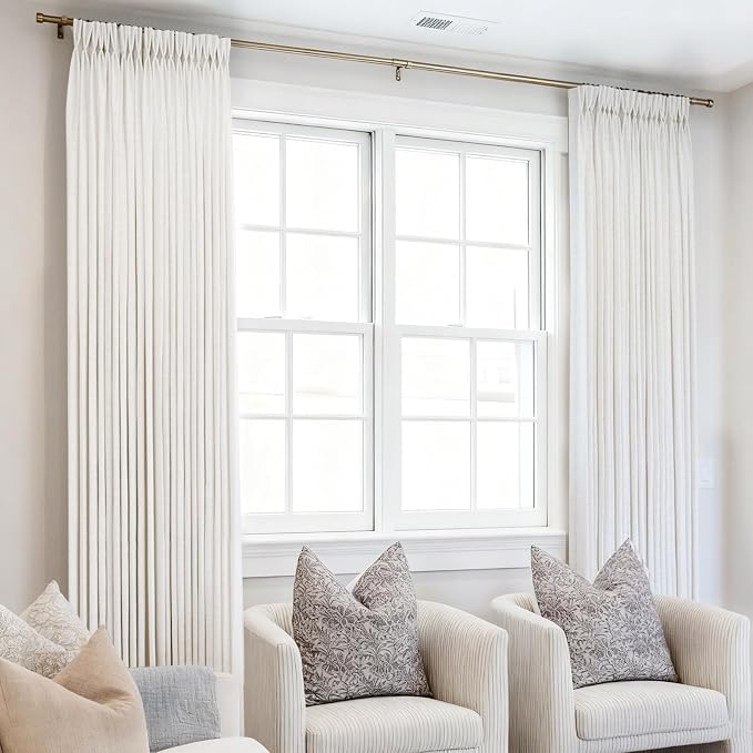 102 inch Long Pinch Pleated Curtains for Living Room Natural Cream Semi Sheer Light Filtering Linen Curtain 102 inch Modern Farmhouse Neutral Linen Drapes with Rings Hooks Ceiling Floor Length Ivory