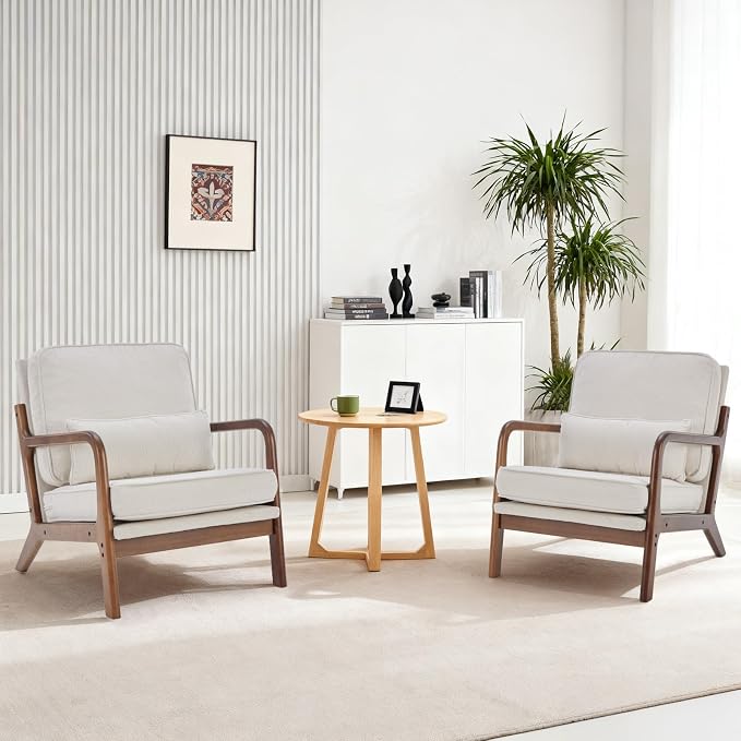 DUMOS Accent Chairs Set of 2, Mid Century Modern Chair with Lumbar Pillow and Solid Wooden Frame, Low Lounge Chair for Small Living Room, Bedroom, Reading Nook, Home Corner, Beige