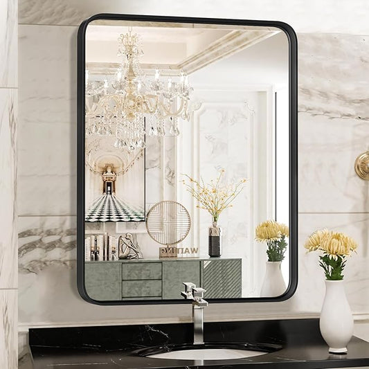 NEWBULIG 24X36 Inch Bathroom Wall Mirror, Vanity Bathroom Mirrors for Over Sink Tempered Glass, Anti-Rust Metal Framed Rounded Rectangle, Hangs Horizontally or Vertically, Farmhouse Home Decor, Black