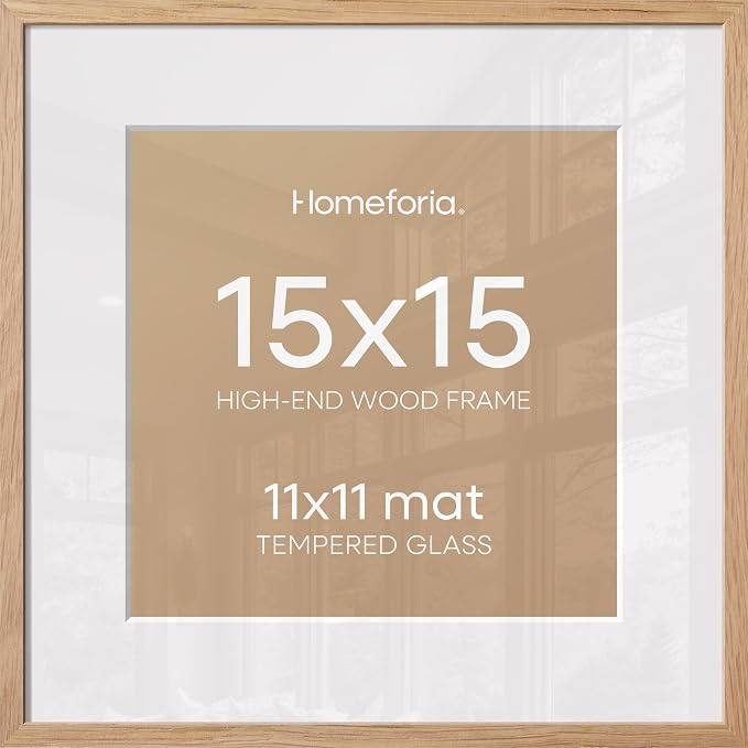 Homeforia 15x15 Picture Frame Natural Wood, High End Oak 15 x 15 Square Light Wooden Frames with Mat 11 by 11 inch Photo, 15by15 Poster Frames Matted to 11x11 Print, Tempered Glass, Wall Kit, Set of 1