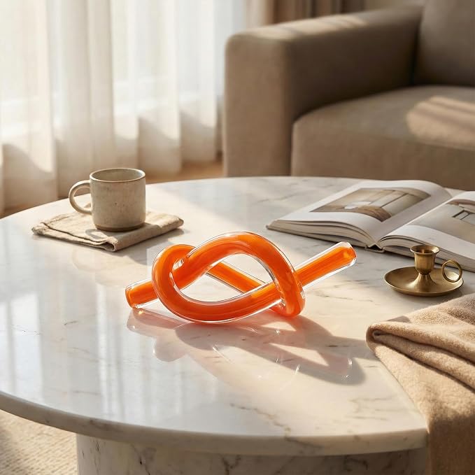LCCCK Orange Abstract Glass Knot Sculpture, Hand Blown Glass Decor for Coffee Table TV Cabinet, Shelf or Mantel Accent, Modern Knot Art for Coastal Living Room Tabletop Knick Knacks