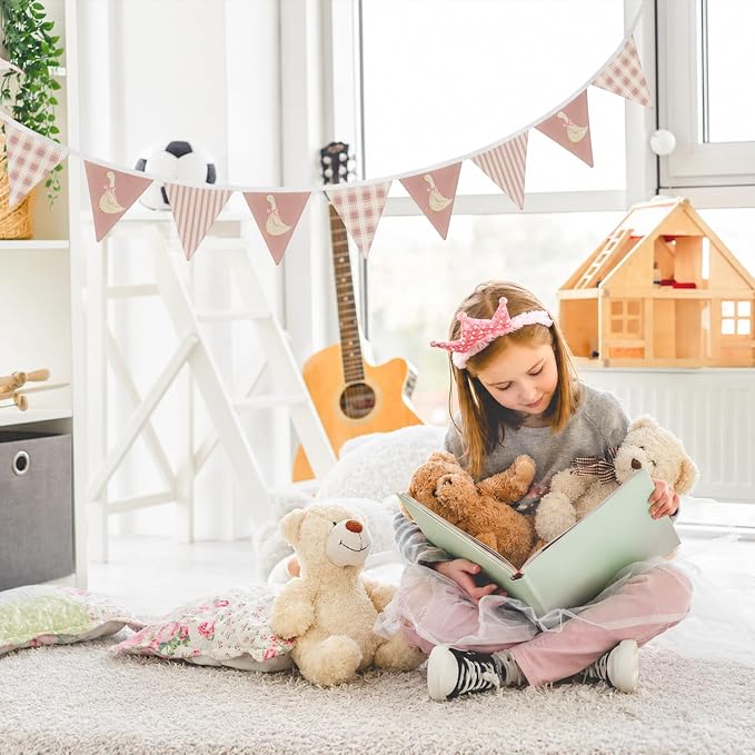 Goose Fabric Garland Banner, One Silly Goose Birthday Decor, Pink and White Checkered Garland Triangle Banners Bow Geese Baby Shower Party Decorations for 1st Birthday Party