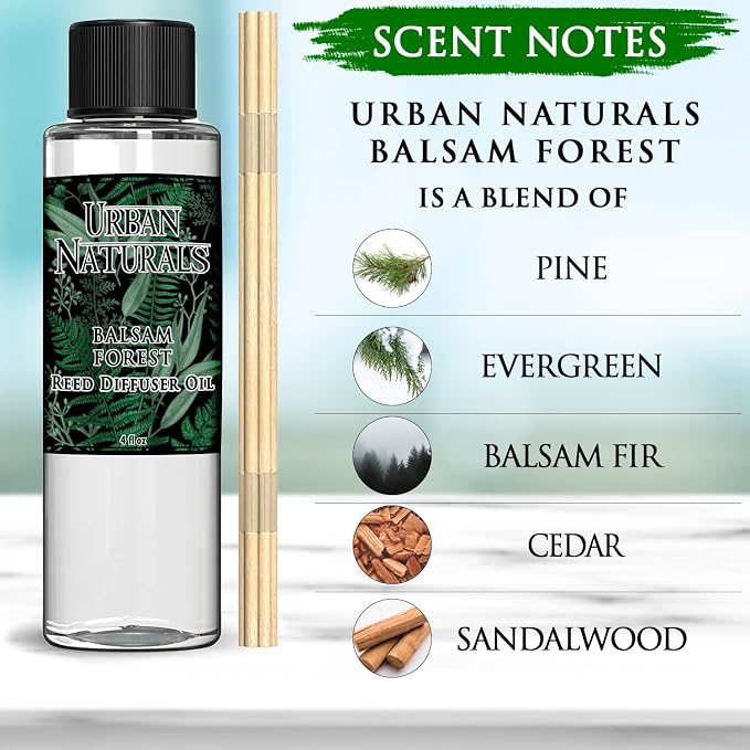 Urban Naturals Reed Diffuser Set, Balsam Forest - Bathroom Shelf Décor | REAL Juniper and Pine cones, Fragrance notes of Fraser Fir, Evergreen, Pine, Woodsy Cedar and Sandalwood, Vegan