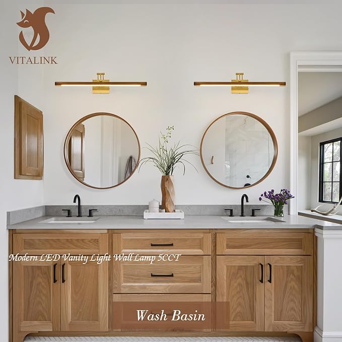 VitaLink Picture Lights for Wall, Hardwired 27.5" Long Gold Wall Picture Artwork Paintings Display Lighting Swing Arms Wooden Wall Lamp Bathroom Vanity Light Dimmable 5CCT