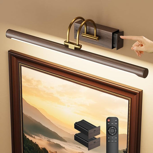 23.6″ Picture Light, Battery Operated Wireless Rechargeable Wall Light with Remote, Dimmable LED Art Light with Timer, Adjustable Design, Wood Grain Finish for Frames, Paintings and Bedroom Wall Decor