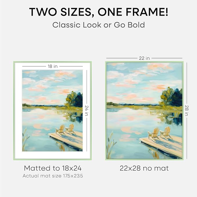 Homeforia 22x28 Sage Green Picture Frame, High End Metal 22x28 Poster Frames with Mat 18x24 inch Photo, 22 x 28 Thin Frame Matted to 18 x 24 Art, 28x22 Large Frames, Tempered Glass, Wall Kit, Set of 2