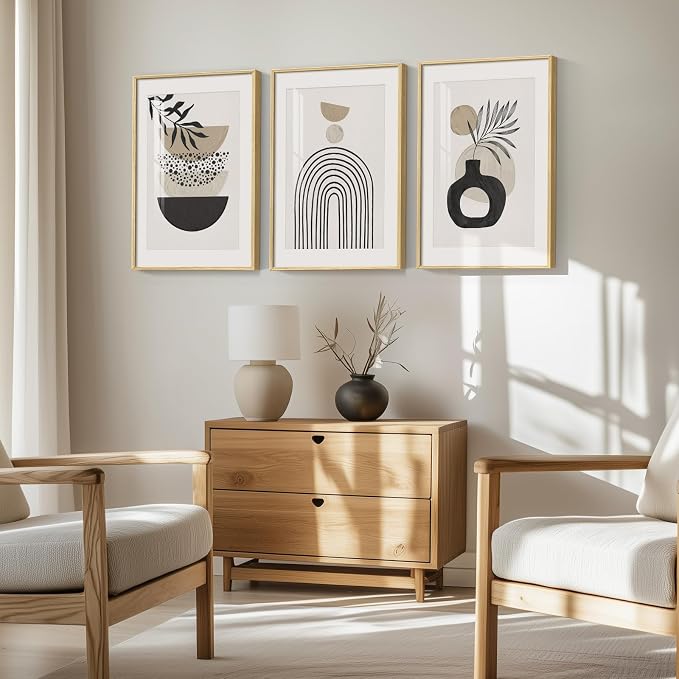 Framed Neutral Boho Wall Art Bedroom, 3 Piece Beige Mid Century Modern Paintings Prints Artwork for Walls, Large Bohemian Geometric Pictures for Living Room, Home Office Kitchen Wall Decor, 16x24 Inch