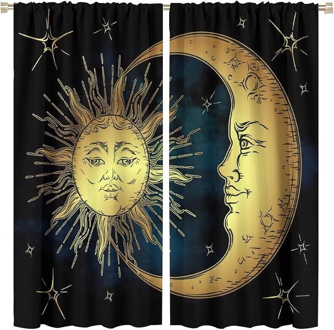 Sun Moon Blackout Windows Curtains, Boho Chic Art Golden Sun Moon and Stars Over Blue Black Sky Antique Style Curtains, for Living Room Bedroom 63x63in 2 Panels