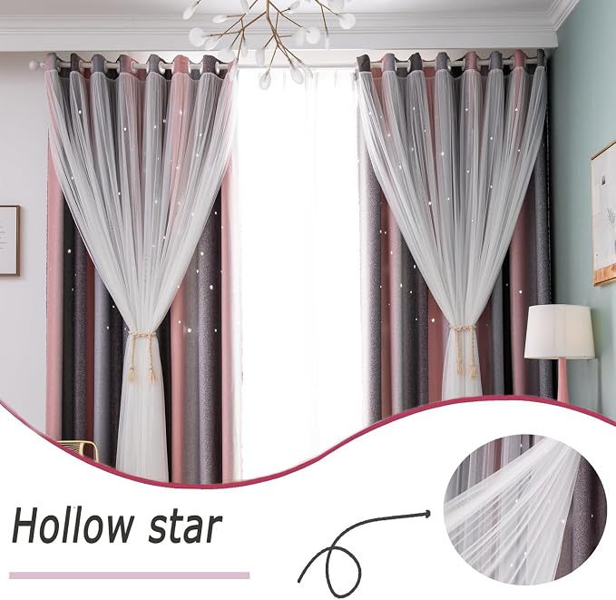 Pink Gray Star Blackout Girls Curtains 63 Length for Bedroom 2 Panels Set, Privacy Boho Curtain for Glass Door Aesthetic Room, Thick Grommet Top Star Cutout Rainbow Curtain for Aesthetic Room