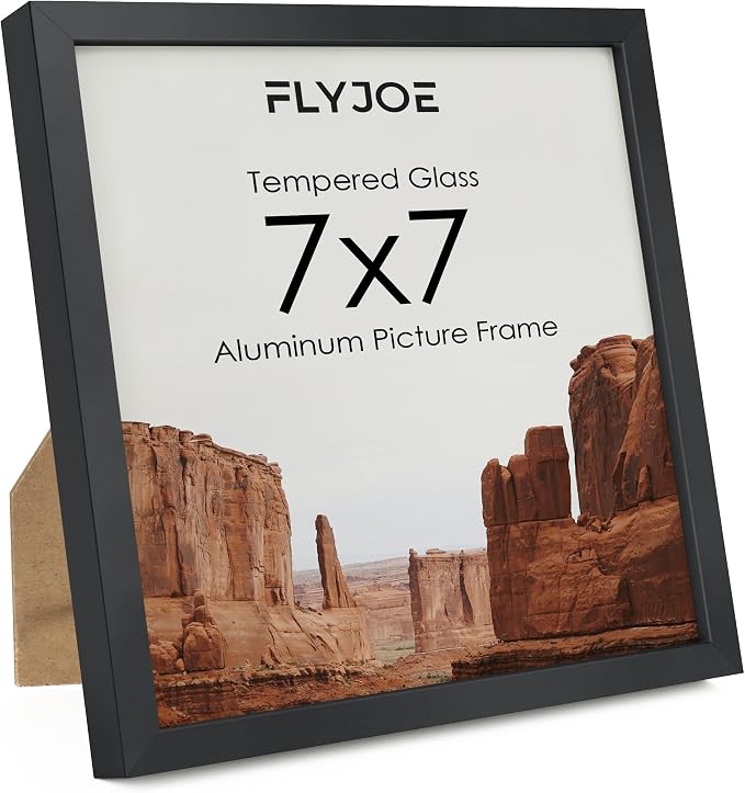 FLYJOE 7x7 Metal Picture Frame - Black Aluminum Square Frames with Real Glass, Wall Mounting Horizontally or Vertically, Simple and Elegant Decor for Wall Gallery Poster Photo Frames, Black