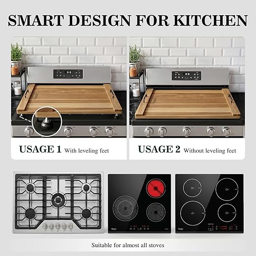 Noodle Board Stove Cover with 4 Adjustable Feet, 30" x 22" Acacia Wood Stove Top Cover for Gas Stove, Electric & Induction - Extra Counter Space, Serving Tray & Charcuterie Board for RV& Kitchen
