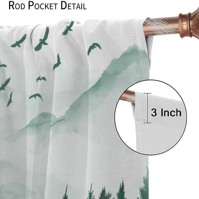 Watercolour Forest Curtains, Green Nature Forest Valley Misty Fresh Flying Birds Landscape Blackout Windows Treatments, Thermal Insulated Drapes for Kids Boys Girls Living Room Bedroom 63x72in