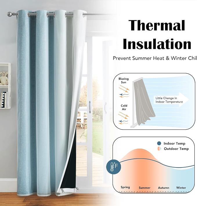 Ombre 100% Blackout Curtains 84 Inches Long 2 Panels for Bedroom Living Room Blue and White Double Layer Sheer Overlay Mix & Match Grommet Thermal Soundproof Drapes with Tiebacks, 52x84