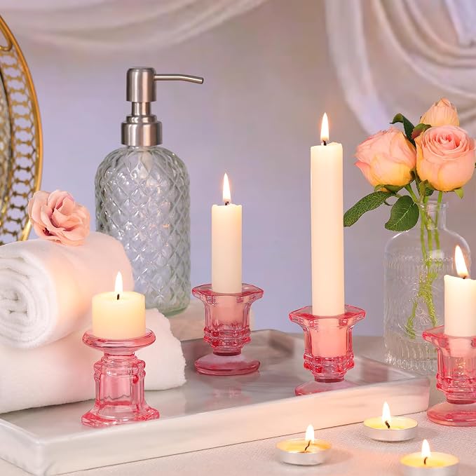 Lanttu 12 Pcs Pink Candlestick Holders Bulk Glass Candle Holders 2.9"x3.08" | Crystal Taper Candle Holder for Wedding, Table Centerpiece, Home Decoration