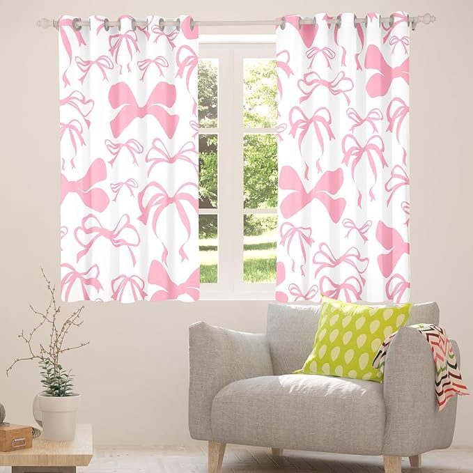 Feelyou Bow Room Darkening Blackout Curtain (2 Panels, 52 x 96 Inch) Black Cute Bowknot Curtains for Bedroom Living Room Pink Girls Bow Blackout Curtains Kawaii Window Treatments