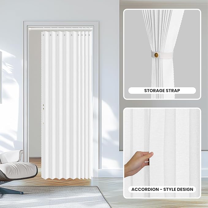 AJAZZ Set: Curtain Rods No Drilling (28-39" W Adjustable Range) & Accordion Door Curtain, White 42W×78" L, Accordion Doors for Closet Doorway Room Divider