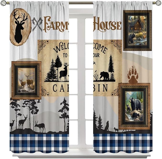 Hunting Bear Deer Blackout Curtains Vintage Rustic Farmhouse Lattice Forest Hunting Lodge Wood Wildlife Windows Treatments for Kitchen Farm Living Room Bedroom 52x84in