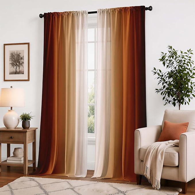 Burnt Orange Curtains 72 Inch Length for Living Room 2 Panel Set Burnt Orange and Terracotta Window Curtain Rust Orange Ombre Gradient Light Filtering Curtains Modern Abstract Drapes